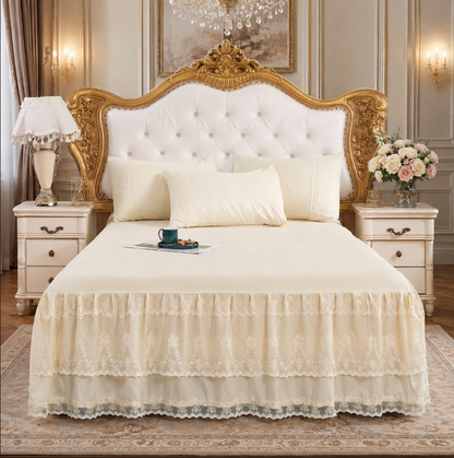 Lace Bedspread with Double Layer Embroidered Bed Skirt and Pillowcases