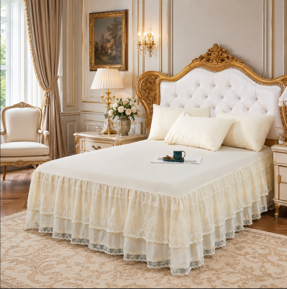 Lace Bedspread with Double Layer Embroidered Bed Skirt and Pillowcases