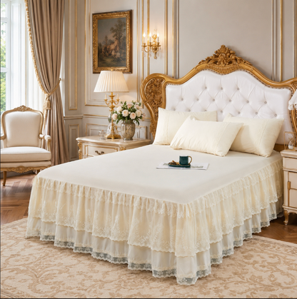 Lace Bedspread with Double Layer Embroidered Bed Skirt and Pillowcases