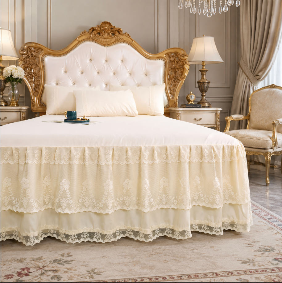 Lace Bedspread with Double Layer Embroidered Bed Skirt and Pillowcases