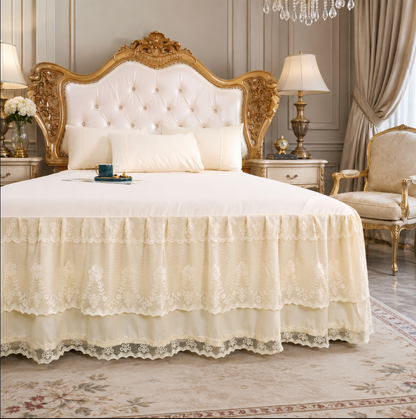 Lace Bedspread with Double Layer Embroidered Bed Skirt and Pillowcases