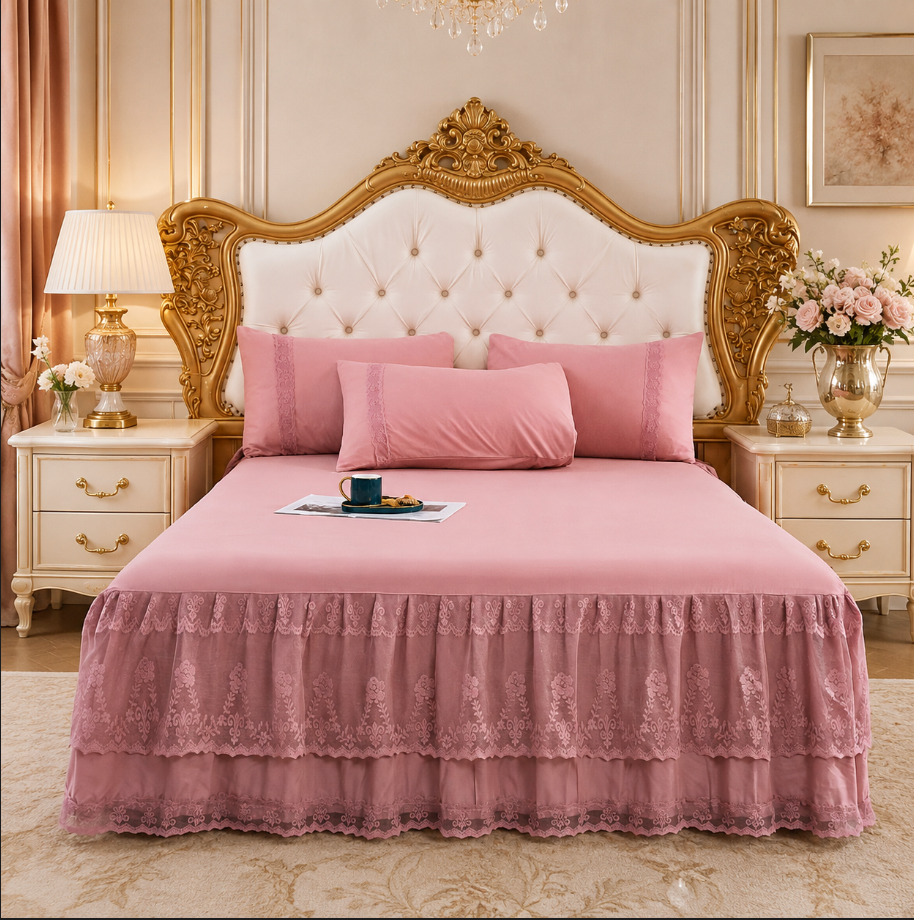 Lace Bedspread with Double Layer Embroidered Bed Skirt and Pillowcases