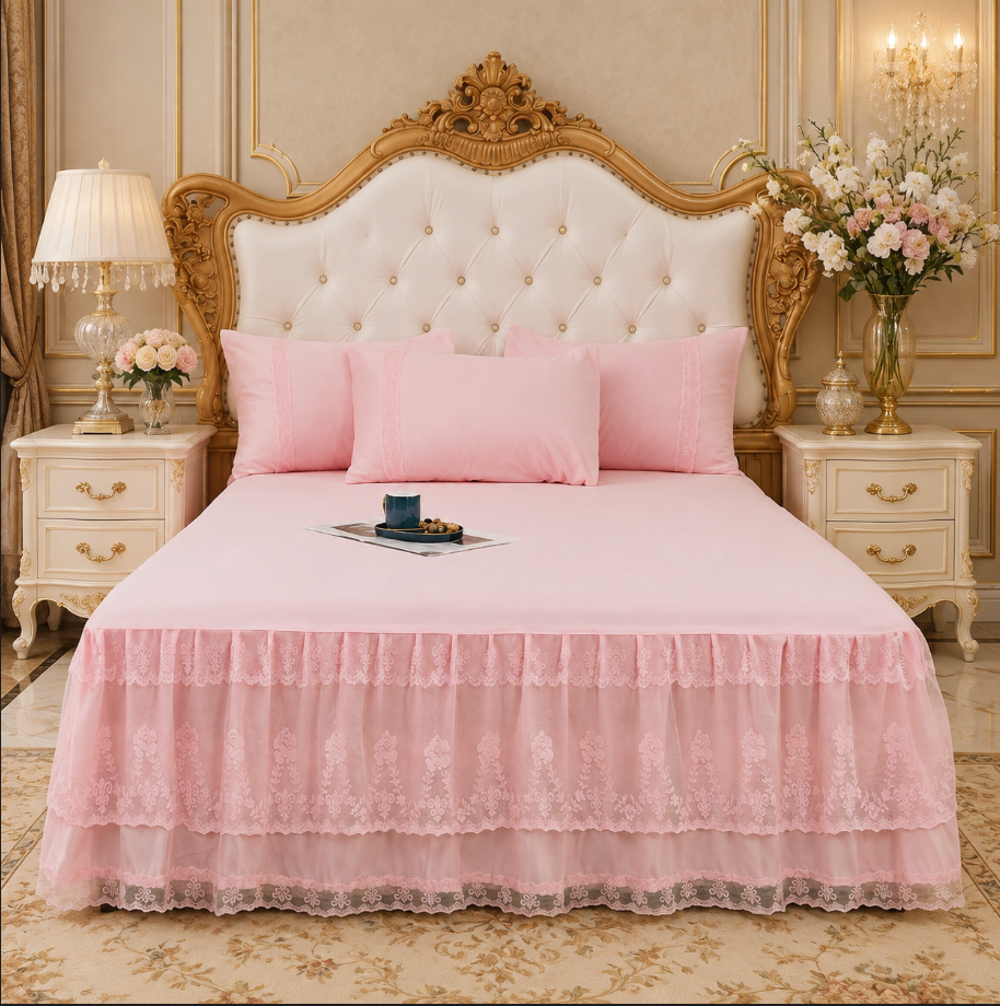 Lace Bedspread with Double Layer Embroidered Bed Skirt and Pillowcases