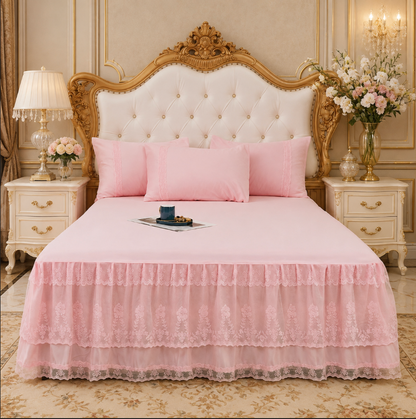 Lace Bedspread with Double Layer Embroidered Bed Skirt and Pillowcases
