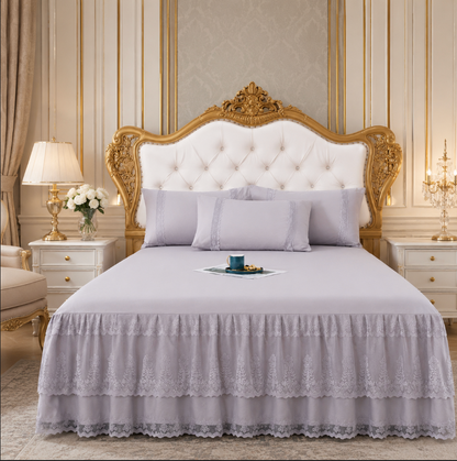 Lace Bedspread with Double Layer Embroidered Bed Skirt and Pillowcases