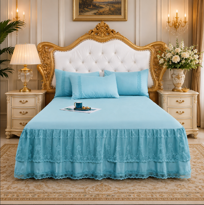 Lace Bedspread with Double Layer Embroidered Bed Skirt and Pillowcases