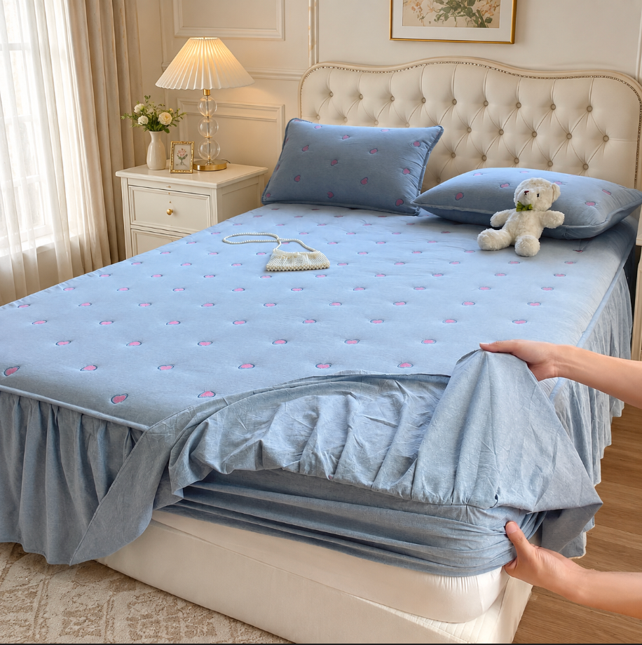 100% Cotton Fitted Sheet with Ruffled Bed Skirt Cover