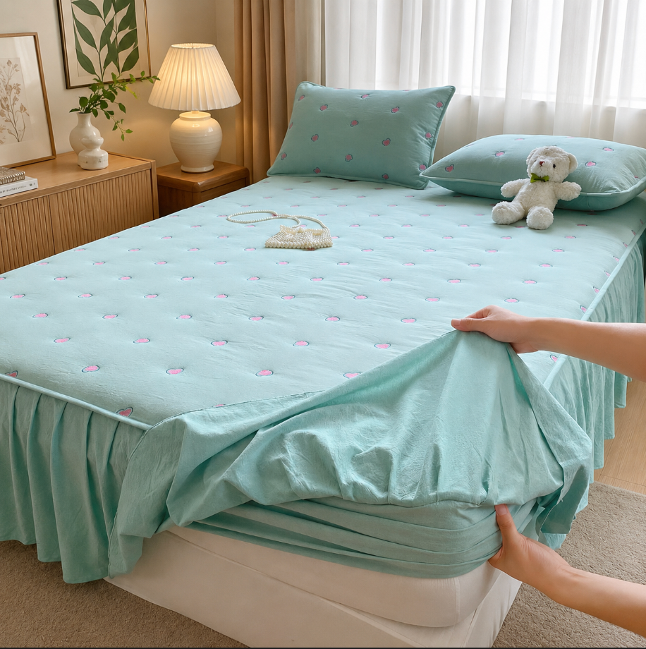 100% Cotton Fitted Sheet with Ruffled Bed Skirt Cover