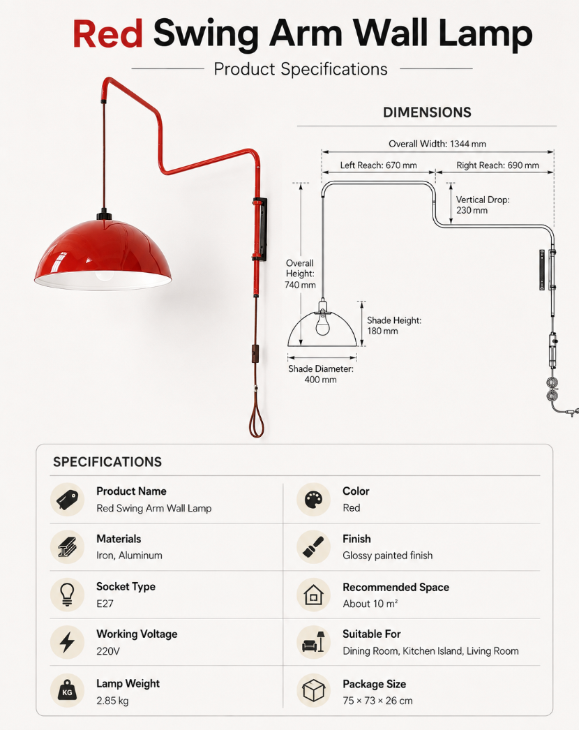 Red Plug In Swing Arm Wall Lamp with Dome Shade