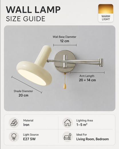 Cream Swing Arm Wall Lamp with Pull Chain Switch