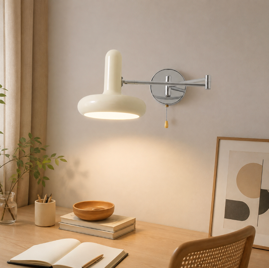 Cream Swing Arm Wall Lamp with Pull Chain Switch