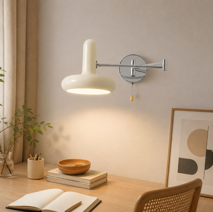 Cream Swing Arm Wall Lamp with Pull Chain Switch