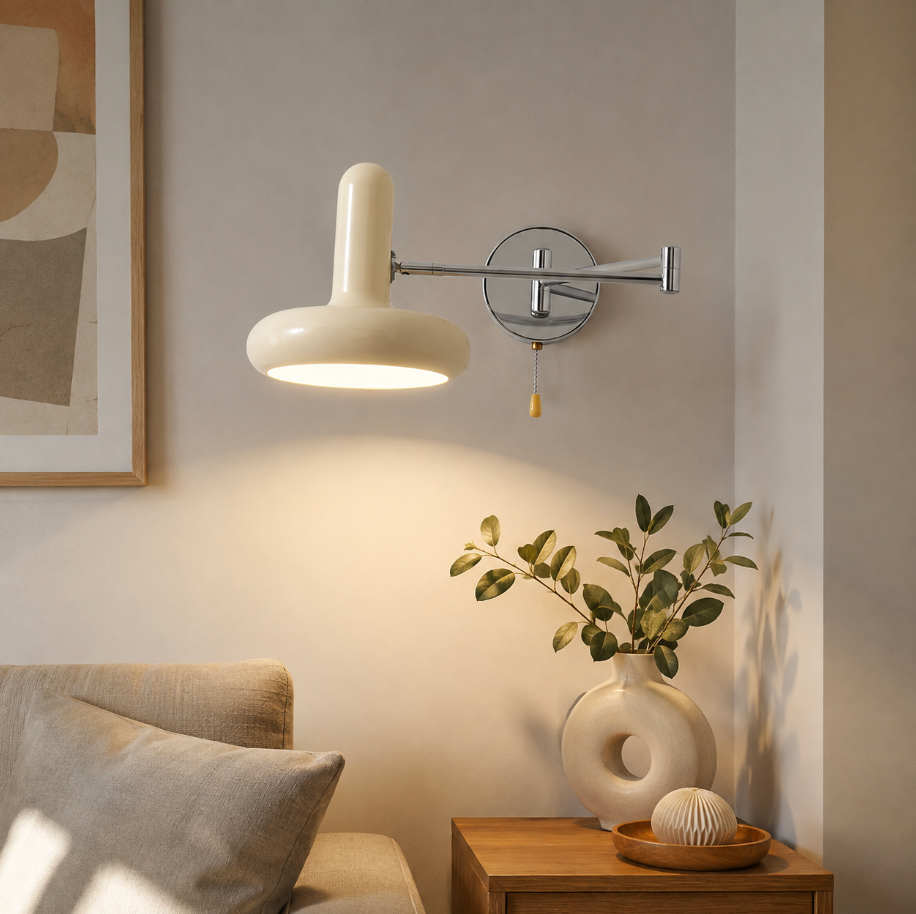 Cream Swing Arm Wall Lamp with Pull Chain Switch