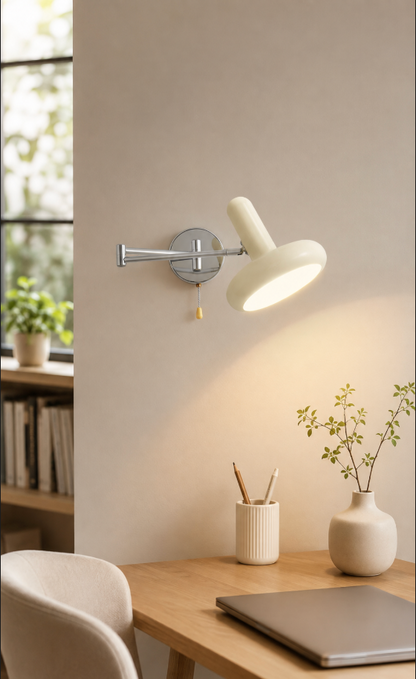 Cream Swing Arm Wall Lamp with Pull Chain Switch