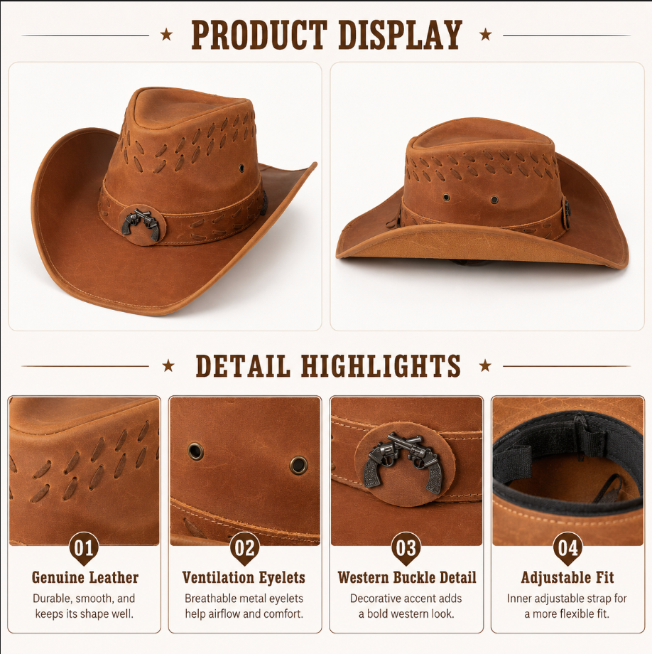 Crazy Horse Leather Cowboy Hat in Top Grain Cowhide