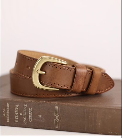 Women’s Brown Leather Belt with Top-Grain Cowhide Brass Buckle