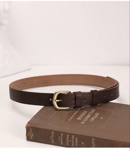 Women’s Brown Leather Belt with Top-Grain Cowhide Brass Buckle