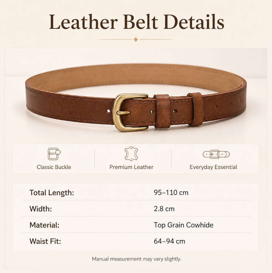 Women’s Brown Leather Belt with Top-Grain Cowhide Brass Buckle