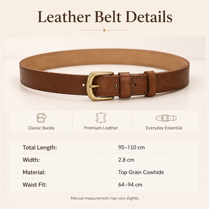 Women’s Brown Leather Belt with Top-Grain Cowhide Brass Buckle