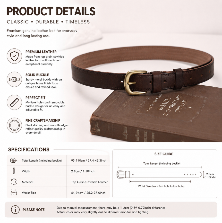 Women’s Brown Leather Belt with Top-Grain Cowhide Brass Buckle