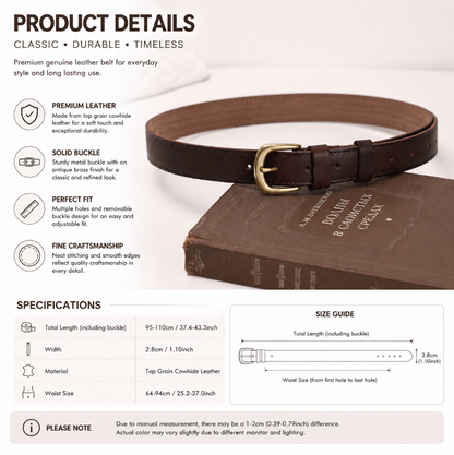 Women’s Brown Leather Belt with Top-Grain Cowhide Brass Buckle
