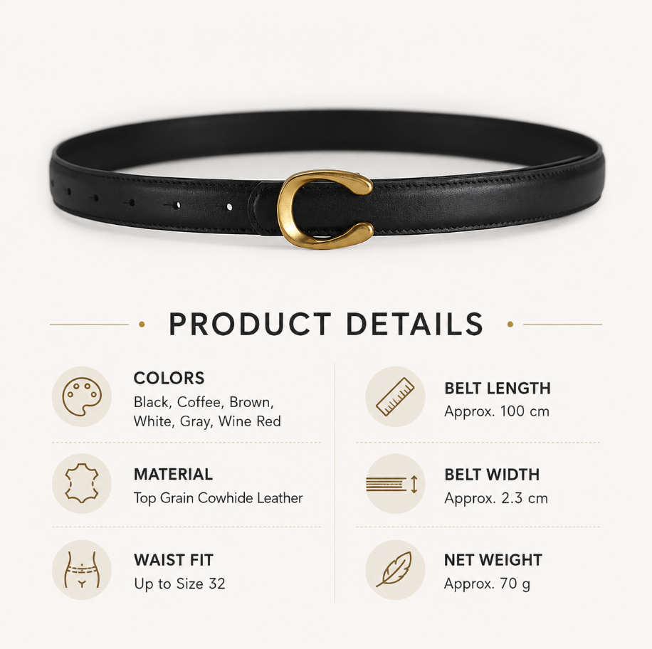Women’s Black Leather Belt with Slim Gold C Buckle
