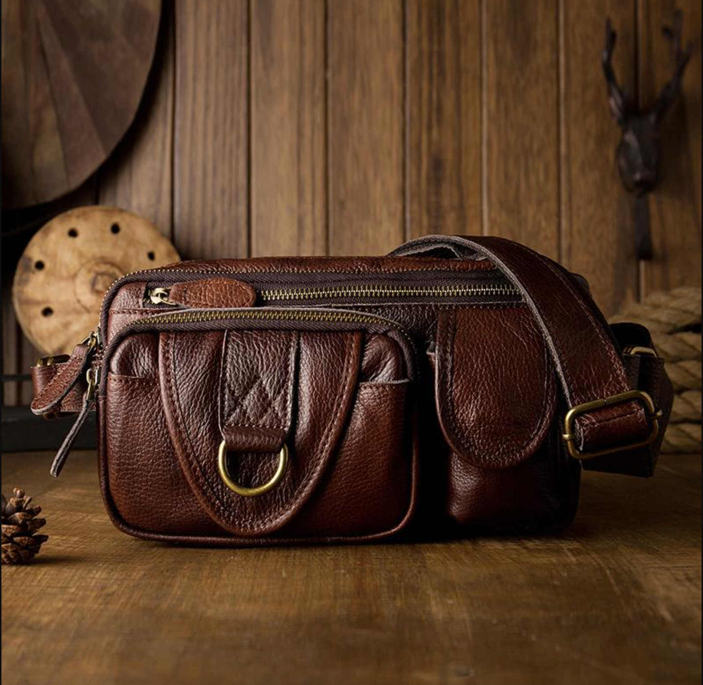 Brown Men’s Leather Waist Bag with Multi Pocket Storage