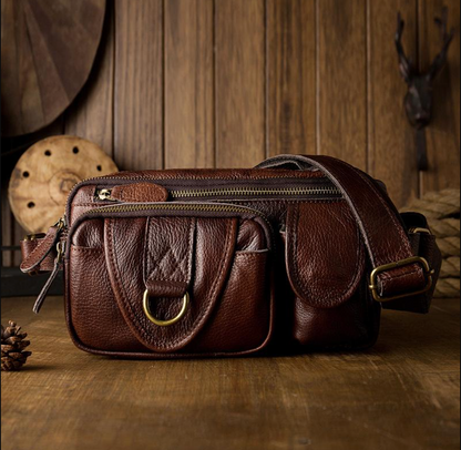 Brown Men’s Leather Waist Bag with Multi Pocket Storage