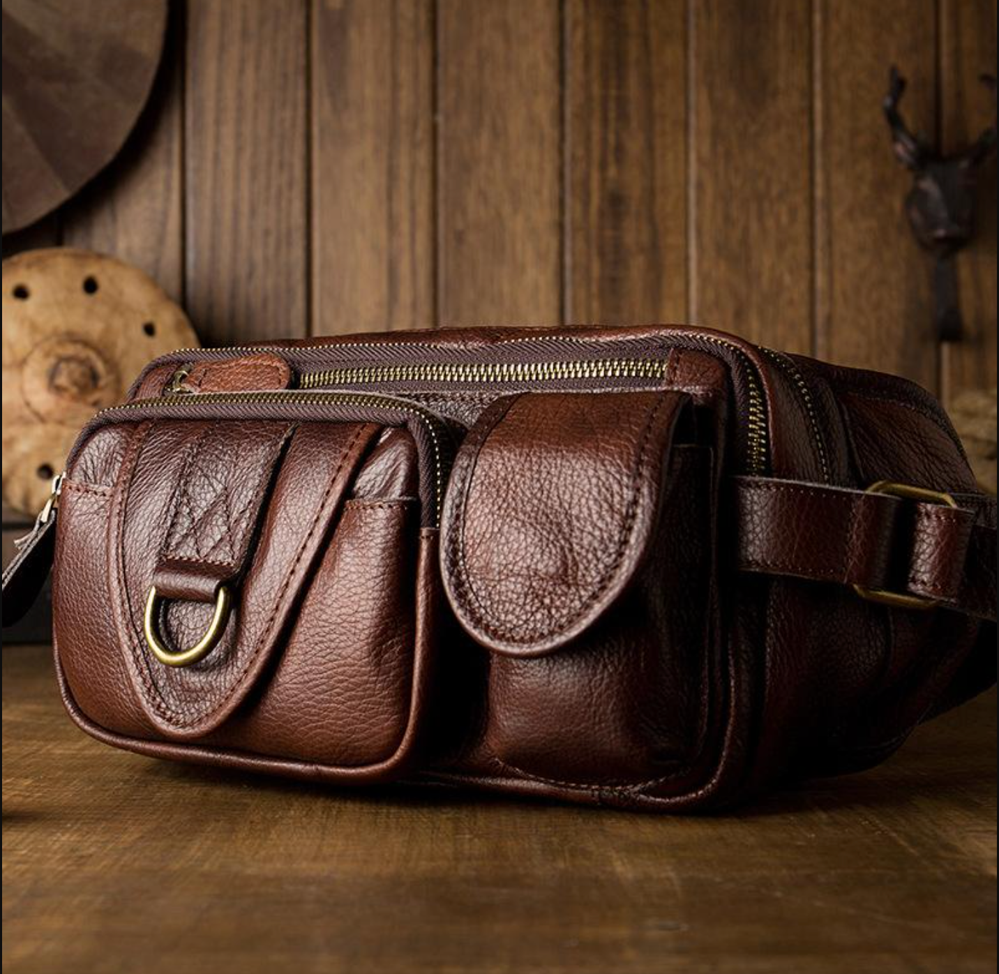 Brown Men’s Leather Waist Bag with Multi Pocket Storage