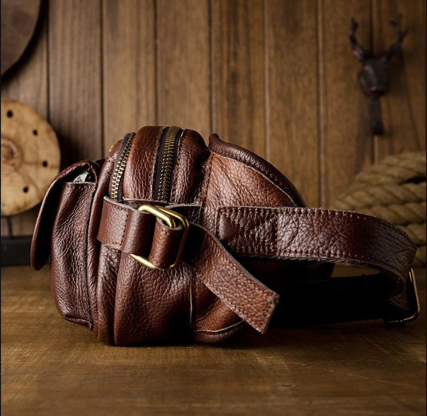 Brown Men’s Leather Waist Bag with Multi Pocket Storage