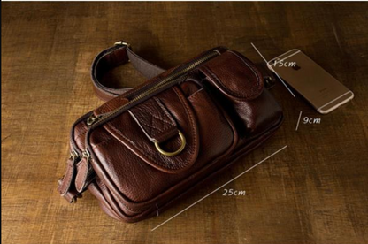 Brown Men’s Leather Waist Bag with Multi Pocket Storage