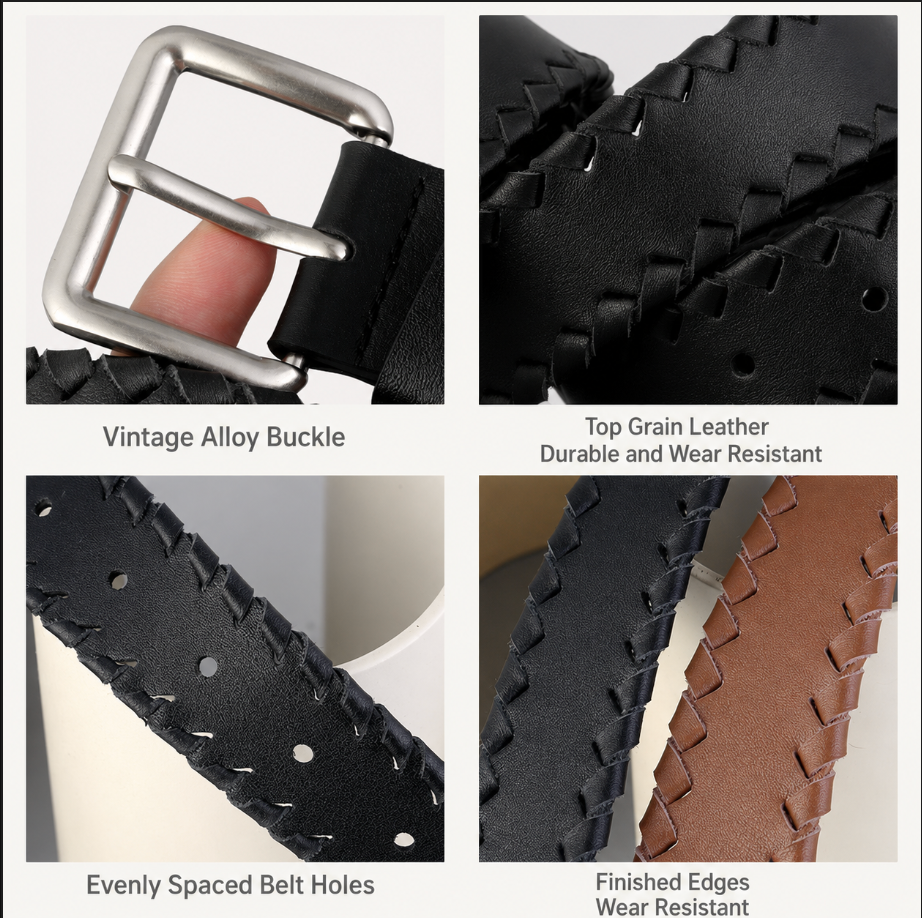 Women’s Braided Leather Belt Genuine Cowhide Silver Buckle