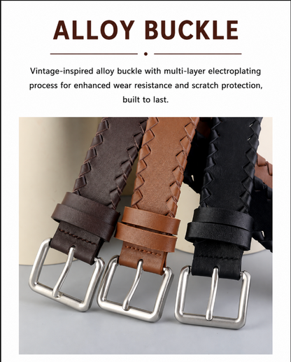 Women’s Braided Leather Belt Genuine Cowhide Silver Buckle