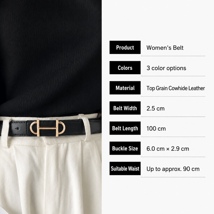 Women’s Top Grain Cowhide Leather Belt with Gold Buckle