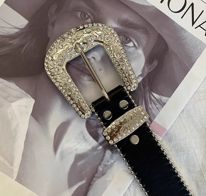 Women’s Black Rhinestone Western Belt with Cross Studs