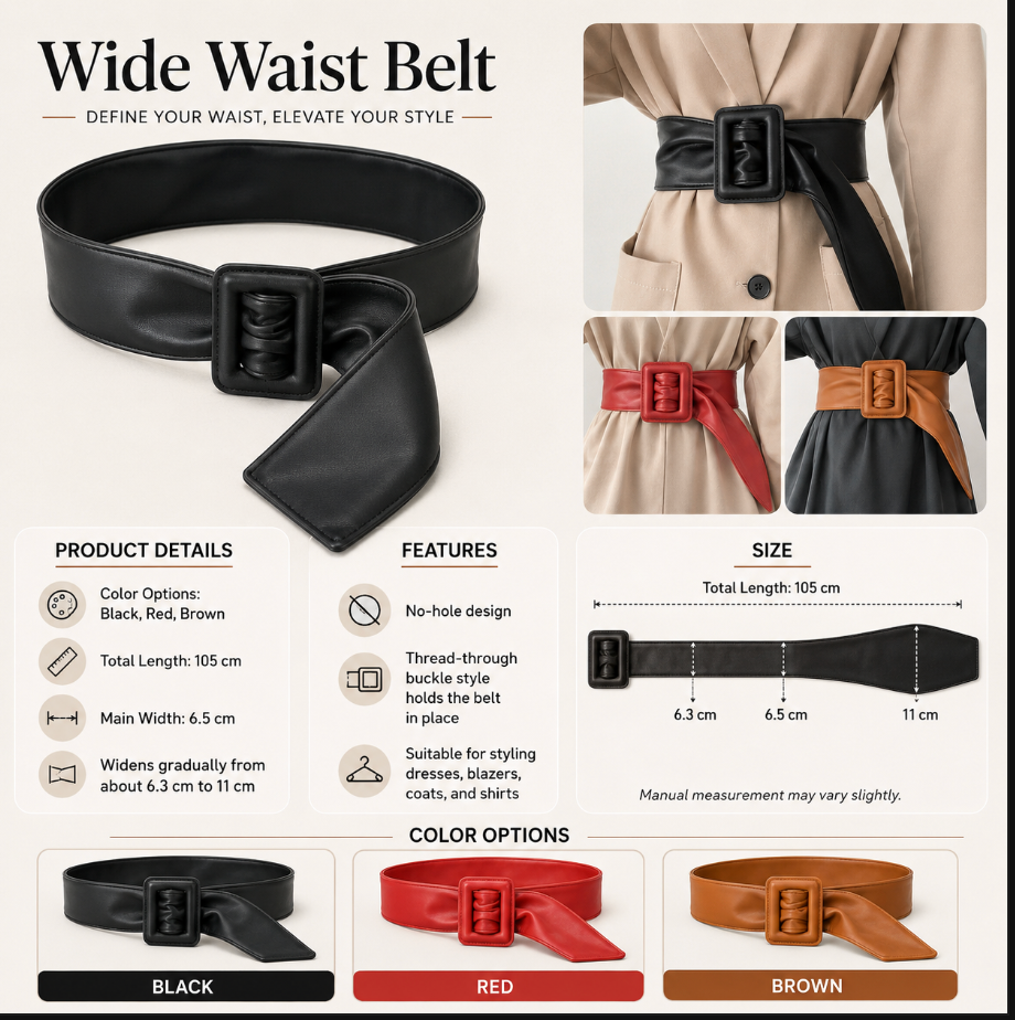 Women’s Wide Faux Leather Waist Belt with Square Buckle
