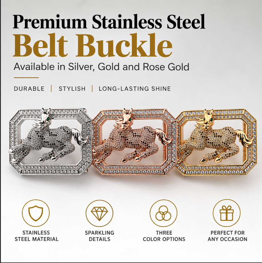 Horse Belt Buckle with Rhinestones and Stainless Steel Frame