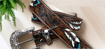 Women’s Western Faux Leather Belt with Ornate Cowgirl Buckle