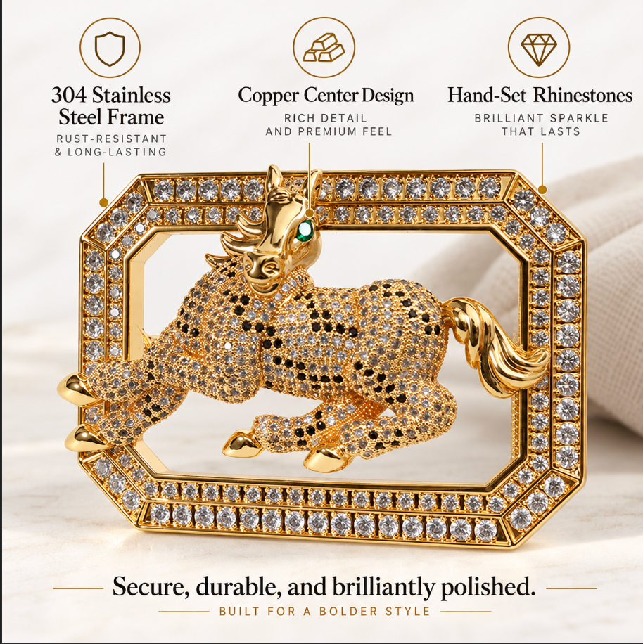 Horse Belt Buckle with Rhinestones and Stainless Steel Frame