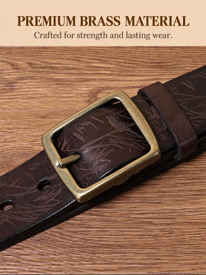 Men’s Engraved Leather Belt with Top-Grain Cowhide and Brass Buckle