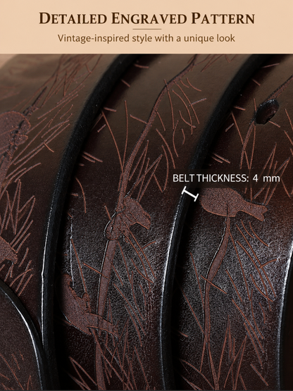 Men’s Engraved Leather Belt with Top-Grain Cowhide and Brass Buckle