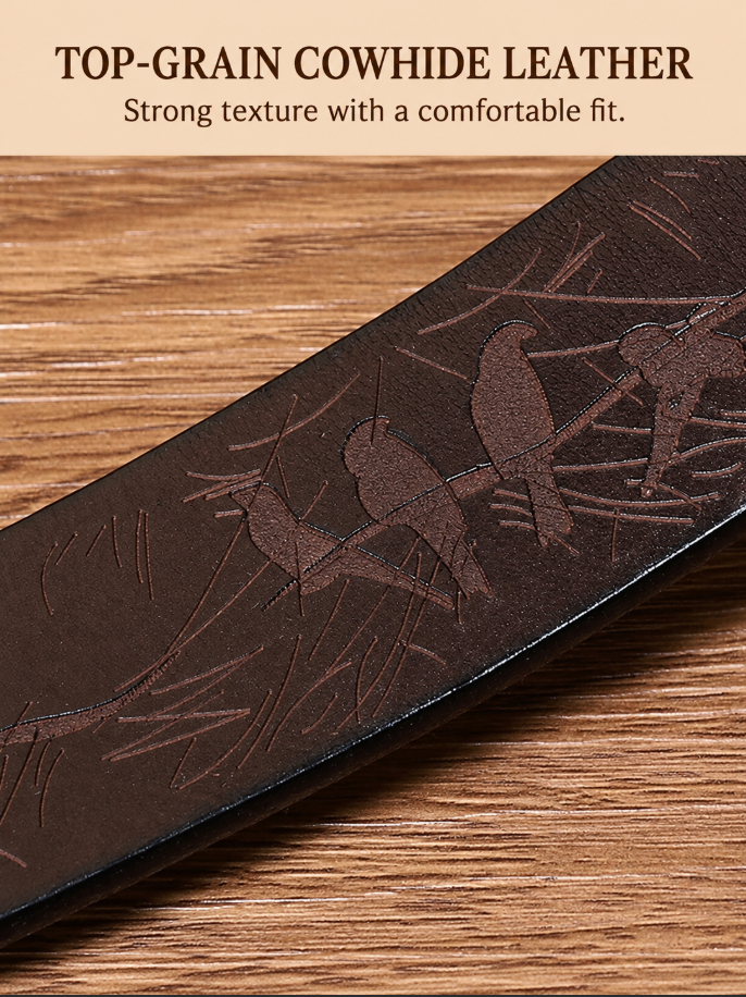 Men’s Engraved Leather Belt with Top-Grain Cowhide and Brass Buckle