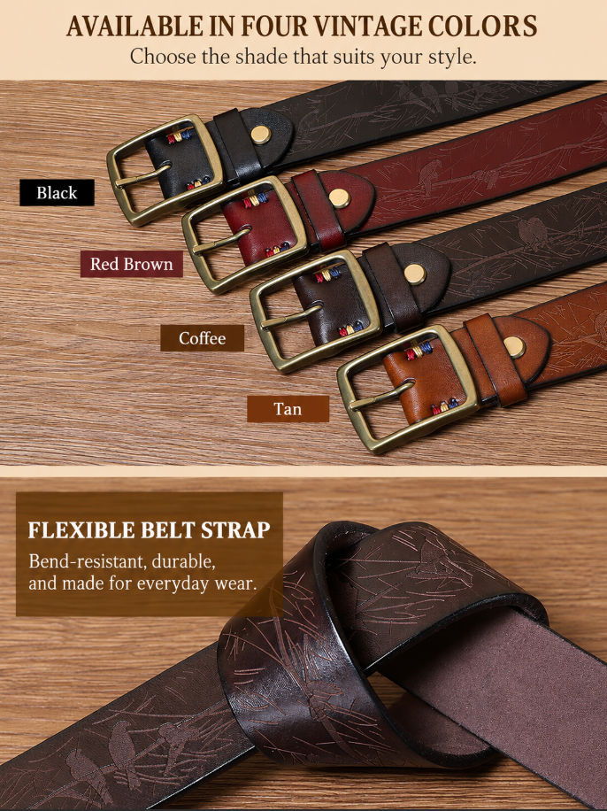 Men’s Engraved Leather Belt with Top-Grain Cowhide and Brass Buckle