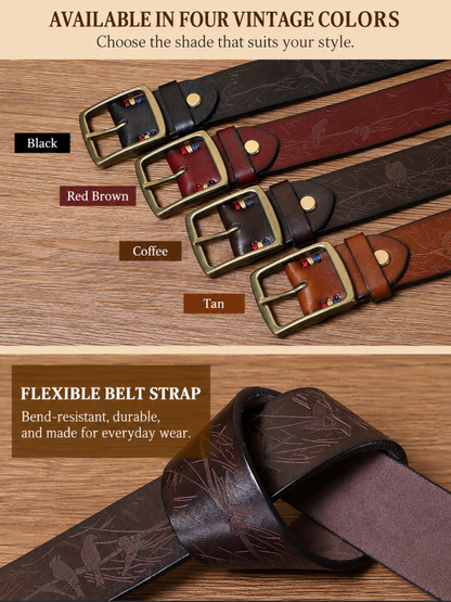 Men’s Engraved Leather Belt with Top-Grain Cowhide and Brass Buckle