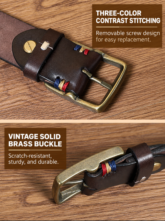 Men’s Engraved Leather Belt with Top-Grain Cowhide and Brass Buckle