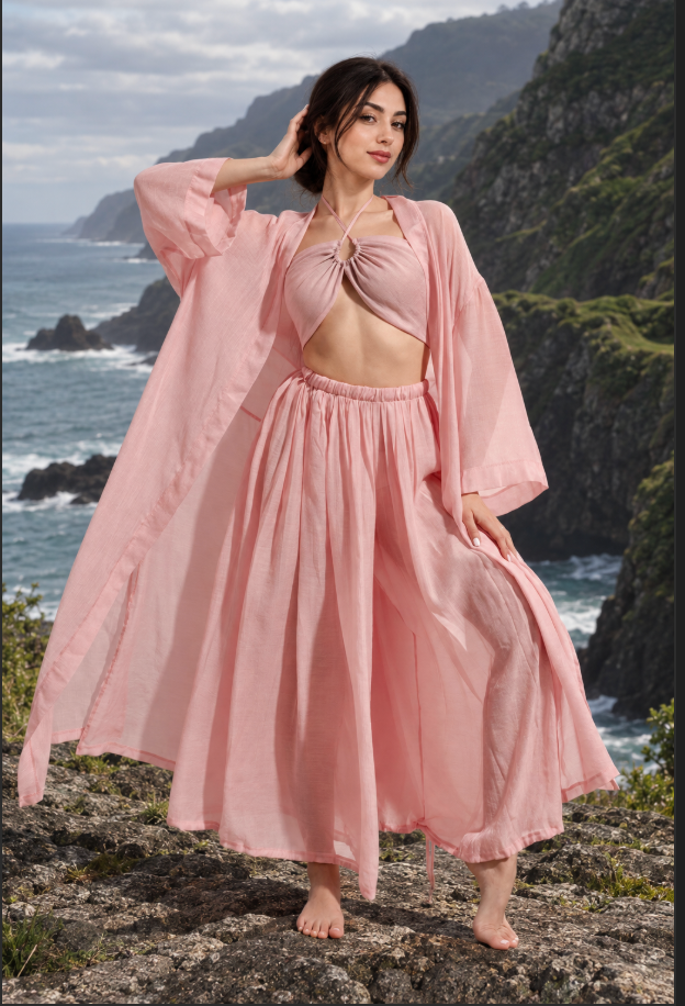 Women’s Summer Three-Piece Set with Wide-Leg Pants and Cover-Up