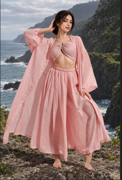 Women’s Summer Three-Piece Set with Wide-Leg Pants and Cover-Up