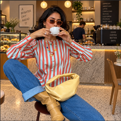 Women’s Striped Long Sleeve Top with Round Neck and Gathered Shoulders