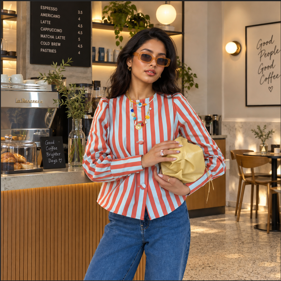 Women’s Striped Long Sleeve Top with Round Neck and Gathered Shoulders
