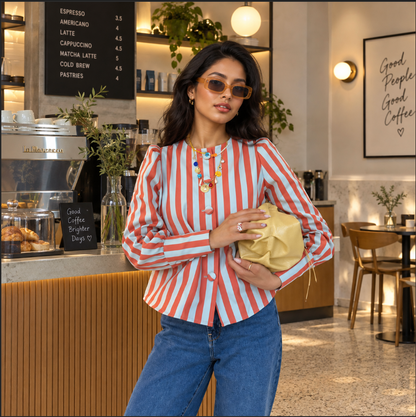 Women’s Striped Long Sleeve Top with Round Neck and Gathered Shoulders
